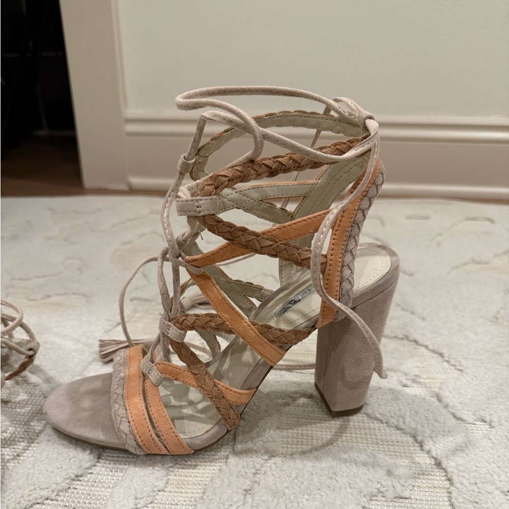 BCBG Tan and Cream Strappy Heels